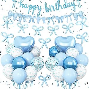 Blue Bow Birthday Decorations, Coquette Party Decor with Blue Happy Birthday Banner, Bow Garland, Bow Balloons, Heart Foil Balloons, Ribbon for Girls, Women, Baby Shower, Bow Theme Party