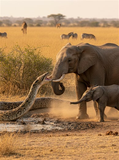 Giant Python Attacks Elephant Calf at African Waterhole A dramatic and rare wildlife moment unfolds in the sun-baked African savanna as a colossal 30-foot African Rock Python lies hidden in dry grass near a waterhole. While a young elephant calf plays at the edge of the mud, danger silently approaches. Suddenly, instinct takes over—the mother elephant senses the threat and charges forward, protecting her calf as the massive snake strikes and then retreats. This cinematic scene captures the raw t
