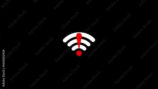 Wireless connection or internet connection error icon displayed on the screen, Indicating a lost connection animated on black screen.