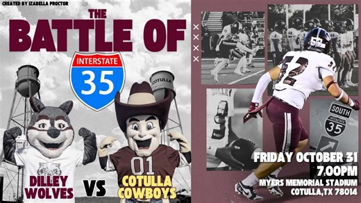 10K views · 149 reactions | It’s the Spooktacular Showdown of I-35 as the Dilley Wolves take on the Cotulla Cowboys!  Kickoff Friday night at Myers Memorial Stadium  Tickets available online: chs.cotullaisd.net/page/tickets Let’s pack the stands with Wolf pride! | Dilley ISD | Facebook