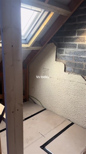 Day 1 vs today in what will be the en-suite and bedroom, and we finally have a velux in!! Of course I’m obsessing over the gable window but cannot wait to see how much it changes this space! #homereno #houserenovation #reno #fyp #velux