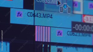 Video editing on your computer. Monitor your computer and record the video editing program: fragments are connected together. Video processing, post-production, clip maker. display, macro.