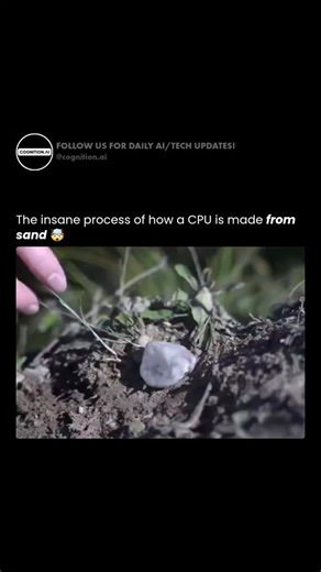 AI • Artificial Intelligence • Technology on Instagram: "Did you know the brain of your computer starts as a pile of sand? Modern processors are built through one of the most complex manufacturing processes on Earth. It begins with raw sand being purified into 99.9999999% pure electronic-grade silicon. This silicon is melted and grown into a single massive crystal ingot, which is then sliced into razor-thin wafers. Using a process called photolithography, microscopic circuits are etched onto the