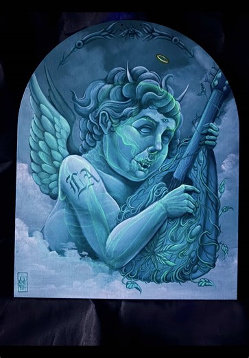 The devils lettuce Cherub Rainy day painting in my studio #art #blacklight #fineart #psychedelic #losangeles