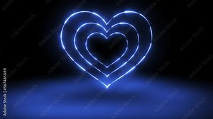 Blue Neon Heart Shape Animation With Floor Effects . Glowing Heart Shape Neon Animation On Black Background. Neon Heart Shape Animation Background. neon Heart Icon Shape