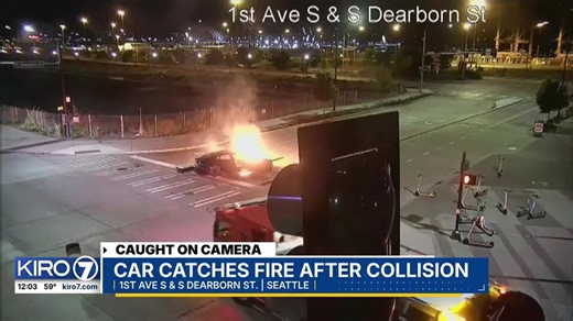VIDEO: Car catches fire after it crashes near Lumen Field