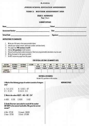 Grade 8 Mathematics Mid Term 2 2026 Exam