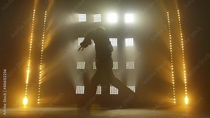 Silhouette of a talented young hip hop dancer. Hip hop street dance on a stage in dark studio with smoke and neon lighting. Dynamic lighting effects. Creative skills. Slow motion.