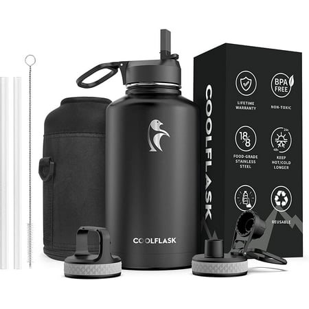 64 Water Bottle oz with Straw & Spout Lid, Coolflask Insulated Water Bottle Half Gallon Wide Mouth, Sweat-Proof BPA-Free Keep Cold for 48 Hrs or Hot for 24 Hrs, Magic Black - Walmart.ca