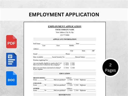 Editable Employee Application Template | HR New Hire Form (word & PDF Download) - Etsy UK
