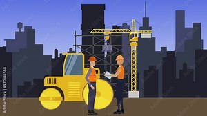Working on Construction site, on the edge of town with engineers and building machines animation