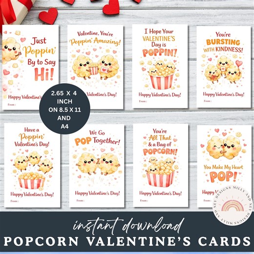Printable Popcorn Valentine's Day Classroom Cards for Kids: Poppin by Popcorn Valentine School Tag (DIY Instant Download PDF) - Etsy
