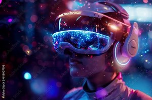 3D Virtual Reality Headset User in Virtual Game World