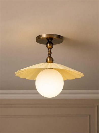 Vintage Brass Flush Mount Ceiling Light, Handmade Glass Globe Lamp, Rustic Kitchen Bathroom Light Fixture, Cottagecore Ceiling Lighting - Etsy