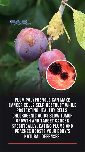 The Cancer-Fighting Power of Plums Plums contain polyphenols that can trigger apoptosis, the natural death of cancer cells, while sparing healthy cells. PMID: 21631511 PMID: 20854745 These compounds also inhibit cancer cell proliferation, slowing tumor growth. PMID: 26142548 Specific phenolic acids, such as chlorogenic and neochlorogenic acids found in plums and peaches, show promise as chemopreventive agents by modulating pathways involved in cancer development. PMID: 19569487 PMID: 23349206 Re