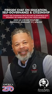 Education shapes citizens. Self-governance sustains freedom. Join the Frederick Douglass Foundation LIVE on YouTube for a powerful fireside chat on Education, Self-Governance & Citizenship—a timely conversation about what it takes to preserve liberty for the next generation. 📅 Thursday, February 19 ⏰ 6:00 PM EST Hosted by Chairman Troy Rolling and Demetrius Eley, this event features special guests Dr. Barron Bell and Ms. Kezia Mayfield. At a time when confusion about civic identity and responsi