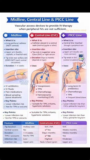 The NCLEX MIND on Instagram: "Central Line, Midline & PICC Line – Exam-Oriented Notes 1️⃣ Central Venous Catheter (Central Line) Definition: A catheter placed into a large central vein (IJV / Subclavian / Femoral) with the tip in SVC or right atrium. ✅Common Types: • Triple lumen • Quad lumen • Tunneled (Hickman, Broviac) • Non-tunneled ✅Indications: • Vasopressors • CVP monitoring • TPN • Hemodialysis • Massive fluid & blood transfusion ✅Advantages: • Multiple drug infusion • High-osmolar drugs