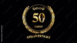 50th Anniversary Celebration. Golden 50 Years Anniversary Animation in Gold Color on the Transparent Background, Alpha Channel. Great for greetings, celebrations, events, and gifts.