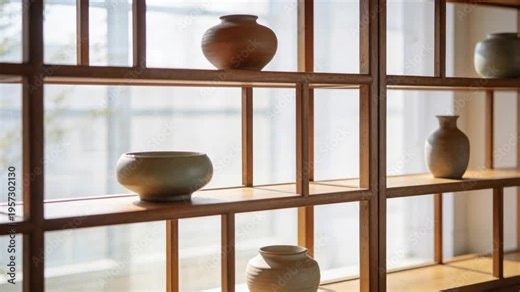 Sliding camera revealing wooden cubby shelving at home to show ceramic pots and diffused window