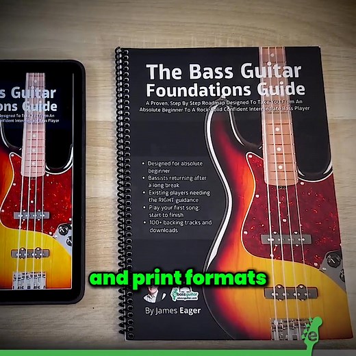 For $9, you can download 𝐓𝐡𝐞 𝐁𝐚𝐬𝐬 𝐆𝐮𝐢𝐭𝐚𝐫 𝐅𝐨𝐮𝐧𝐝𝐚𝐭𝐢𝐨𝐧𝐬 𝐆𝐮𝐢𝐝𝐞 𝐁𝐨𝐨𝐤 where I’ll show you how fast and easy it is to start playing bass using the 6-Stage Bass Foundations System. This book has helped thousands of students go from absolute beginner to confident bassist, playing rock-solid bass lines with ease. No confusing theory. No overwhelming exercises. Just a step-by-step roadmap to get you playing your first note all the way to playing your first song on the bass 