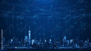 4K Data information technology innovation a city night for cyber security digital networking. cloud computing 5G wireless digital connection, internet of things. Worldwide Web, Internet data streams