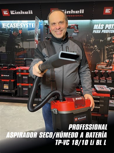 💨 Limpieza profesional sin cables, donde la necesites El aspirador seco/húmedo TP-VC 18/10 Li BL L de Einhell PROFESSIONAL combina potencia, movilidad y comodidad en un solo equipo. ⚡ Motor Brushless con 10 años de garantía tras registro online 💥 Hasta 180 mbar de potencia en modo BOOST 🛢️ Depósito de 10 L, con filtro clase L, ideal para polvo fino como yeso, cal o arena 🧰 Compatible con el sistema de enganche E-Case System para un transporte más cómodo y ordenado. Einhell PROFESSIONAL. Más 
