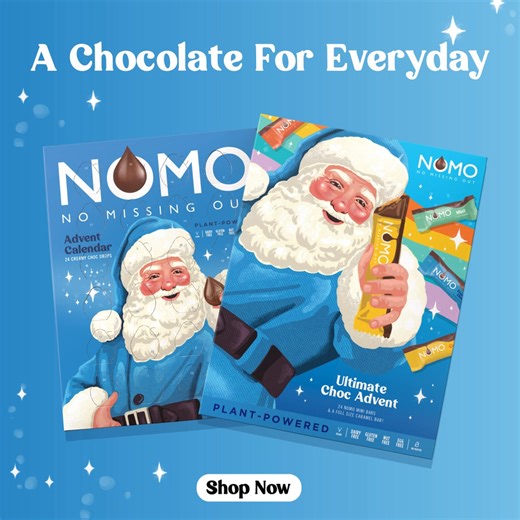 Unwrap 25 days of chocolate joy with our Ultimate Advent Calendar - with a full sized caramel bar waiting for you on Christmas Day! Or try our Creamy Choc Advent with 24 mini chocolates. Plant-powered and free from dairy, gluten, eggs, and nuts so everyone can enjoy! 🍫 | NOMO Chocolate