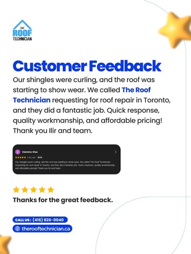 Thank you for trusting us with your roof repair in Toronto. 🙏 We’re glad the shingle repair was completed quickly with quality workmanship. Your feedback means a lot to our entire team. 📞 (416) 826-0040 🌐 therooftechnician.ca/new/ ✉️ info@therooftechnician.com 📍 52 Tewsley Pl, Etobicoke, ON M9P1N7 #RoofMaintenance #PropertyManagers #CommercialRoofing #BuildingCare #RoofInspection