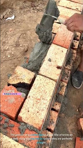 The process of laying bricks with a string line for a straight wall