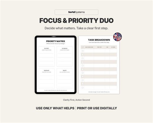 ADHD Focus and Priority Planner | Priority Matrix and Task Breakdown | Printable Productivity PDF | Minimal ADHD Tool - Etsy