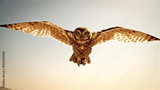 Burrowing owl spreads wings and takes flight over arid desert terrain against blue sky close up wildlife shot