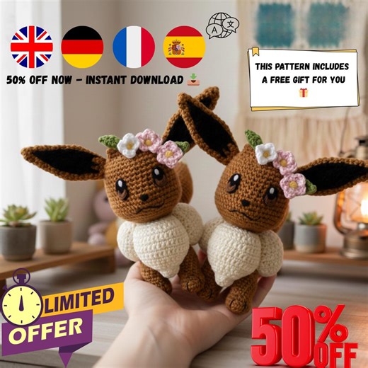 Eevee Pokemon Plush Crochet Pattern – Easy Children Toy PDF   Video Tutorial (en, De, Fr, Es) - Etsy