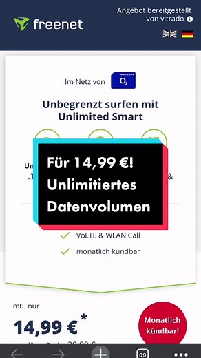 Unlimitiertes Datenvolumen im o2-Netz für 14,99€ im Monat und monatlich kündbar! #o2 #handytarif #unlimiteddataplan #anzeige Bei dem Link handelt es sich um einen Provisions-Link (Affiliate-Link). Erfolgt über einen solchen Link eine Bestellung, erhält TechStage eine Provision. Für den Käufer entstehen dadurch keine Mehrkosten.