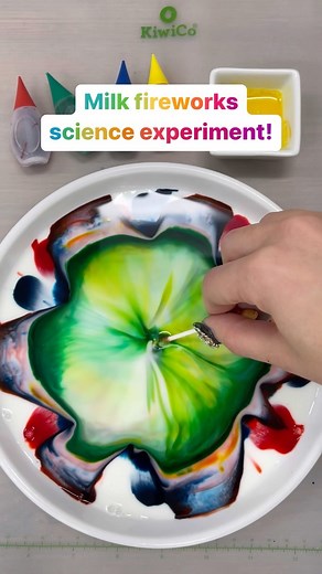 KiwiCo on Instagram: "💥 Save and try this Milk Fireworks experiment! 💥 Follow @kiwico_inc for more kid-approved science fun! What happens when you combine food coloring, milk, and dish soap? With these simple ingredients, kids can create explosions of colors and learn the chemistry of soap. What’s going on? 💡 You may have heard dish soap commercials say that they’re good at fighting grease. Grease is mostly fat, and fat molecules attach easily to soap molecules. Milk, especially whole milk, c