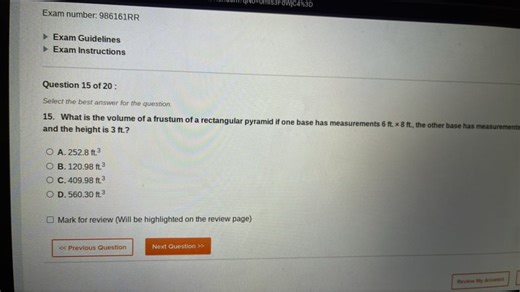 What is the volume of a frustum of a rectangular pyramid if one... | Filo