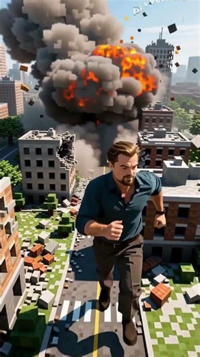 Leonardo DiCaprio escaping from Minecraft's destruction