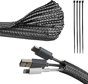 RED WOLF Cable Sleeves Cord Management Braided Wire Loom Split Sleeving 3/8 Inch x 10 FT Protector Wiring Cable Cover Flexible Self-Wrap for Automotive Home Office Anti-Scratch High-Temperature Black