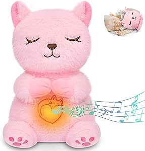 Breathing Stuffed Animal, Pink Cat Plush Baby Toy, Soothing Sound Machine with Music Lights & Breathing Motion for Kids Boys Girls