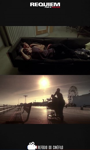🎼| Lux Aeterna ► Canção de Clint Mansell __________________ Requiem for a Dream • Réquiem para um Sonho (2000) Sara Goldfarb (Ellen Burstyn) é uma viúva aposentada que mora em um pequeno apartamento. Ela passa a maior parte do tempo assistindo à TV, especialmente um programa específico de autoajuda. Ela tem ilusões de superar sua atual existência monótona por ser uma convidada naquele programa. Seu filho, Harry (Jared Leto) é um drogado, mas junto com seu amigo Tyrone (Marlon Wayans) tem visões