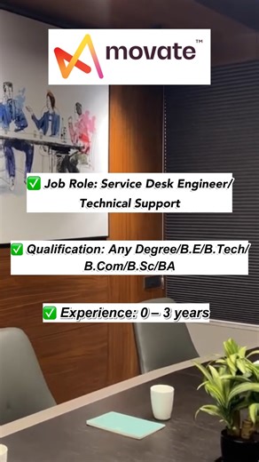 Freshersvoice.com | Job Alerts on Instagram: "💬 Comment “Movate” to get the Apply Link & Venue Details 🔗 Are you ready to start your IT career with a top tech support company? 🌟 Movate Technologies is conducting a Walk-in Drive 2025 for Service Desk Engineer / Technical Support roles! 📍 Job Role: Service Desk Engineer / Technical Support 🎓 Qualification: Any Degree / B.E / B.Tech / B.Com / B.Sc / BA 🧑‍💼 Experience: Freshers – 2 Years 🗓️ Walk-in Date: 18 October 2025 🌟 Why Join Movate Te