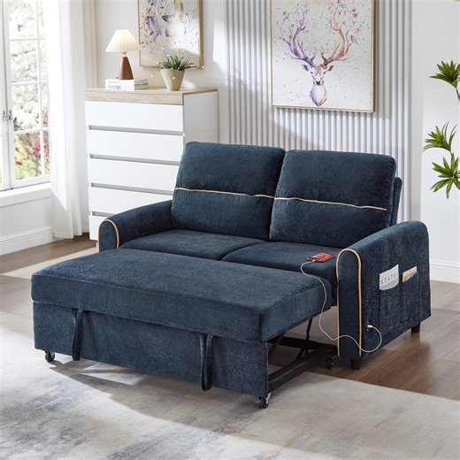 3-in-1 Convertible Sofa Bed, 58" Loveseat Pull-Out Couch with Charging Ports, Chenille Sleeper Sofa Bed with Adjustable Backrest and Side Pocket for Living Room, Blue