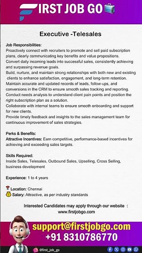 Job Opening: Executive - Telesales | First Job Go