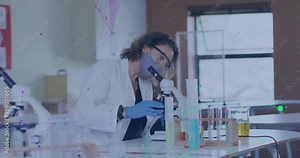 Scientist examining samples with microscope, network connections animation over laboratory