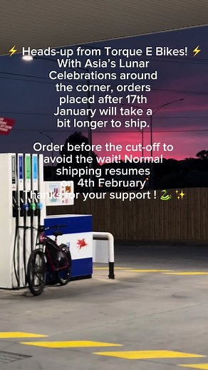 ⚡️ Heads-up from Torque E Bikes! ⚡️ With Asia’s Lunar Celebrations around the corner, orders placed after 17th January will take a bit longer to ship. Order before the cut-off to avoid the wait! Normal shipping resumes on 4th February Thanks for your support ! 🐍 ✨ #😍 #52v #72v #1500w #2000w #3000w #20ah #25ah #29ah #ebike #ebikeconversion #conversion #kits #💙 #🤩 #🇦🇺 #bike #bikesupknivesdown #bikelife #5000w