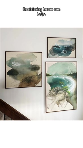 A client I have worked with several times before asked me if I could help her with her upstairs hallway and stairwell. Both were large empty walls and she wanted to fill them. She wanted a family gallery wall in the hallway but didn’t feel confident creating her own. I asked questions about the kind of gallery wall she liked and then I designed the layout. She ordered the frames and I hung them up. In the stairwell, my client decided to go with Victoria Rose Park art. I helped her choose the cor