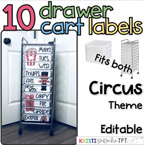 10 drawer cart labels- EDITABLE - Circus Theme