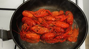 Crayfish Frying in Pan Over Stovetop Preparing Delicious Seafood Delicacy. Close-up of summer gourmet crawfish. River crayfish are boiling in wok
