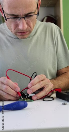 Man works in home electronics workshop and sets multimeter for diy tasks. Scene shows tools circuit and measurement steps in vertical format. Process supports maker learning and repair skills content.