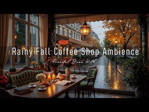 Rainy Fall Coffee Shop Ambience 🍂 Soft Jazz Music & Relaxing Rain Sounds for Stress Relief, Calm