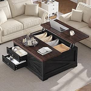 Itaar 39.4'' Lift Top Coffee Table with Storage, Farmhouse Coffee Tables for Living Room, Square Coffee Table with Large Hidden Compartment & 2 Drawers & Adjustable Shelves, Black